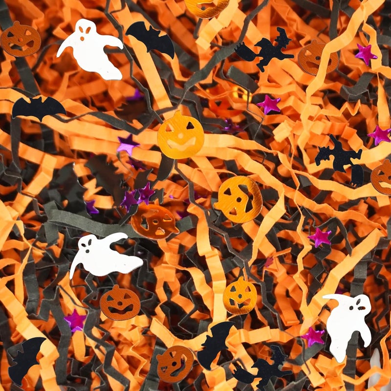 TORONTOKYO 2LB Halloween Black Orange Crinkle Cut Paper with Pumpkin Bat Ghost Witch Star Confetti, Raffia Paper Shredded Paper Filler for Gift Wrapping Craft DIY Basket Filling Party Decoration - Image 1
